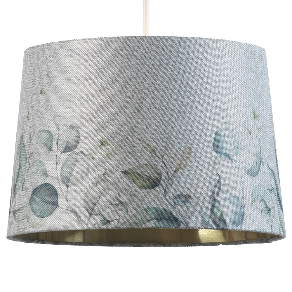 14" Grey Linen Leaves Design Gold Inner Vintage Easy Fit Tapered Drum Shade 35cm