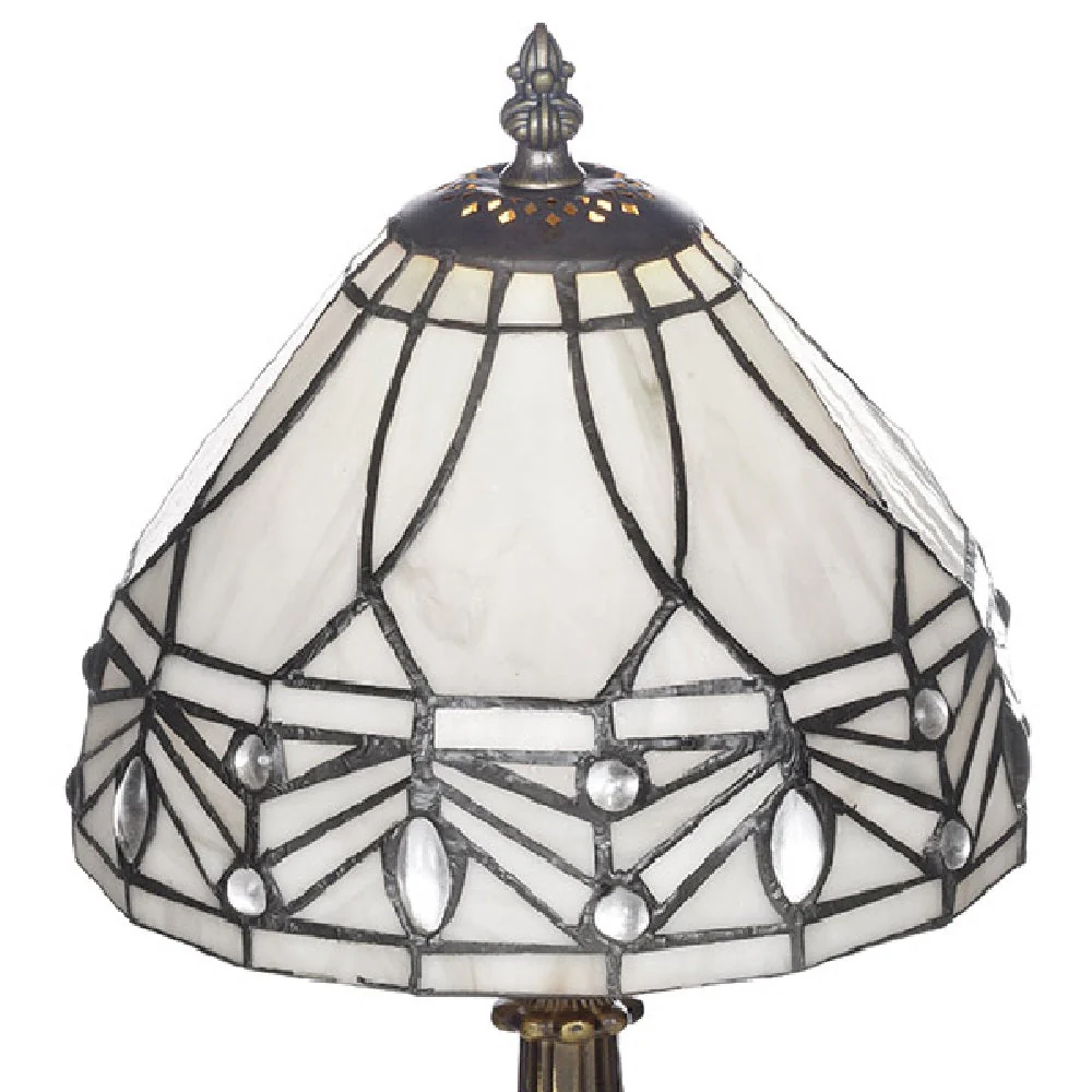 8" Cream Marble Effect & Pearl Tiffany Glass Vintage Dome Table Lamp 35cm - Image 2