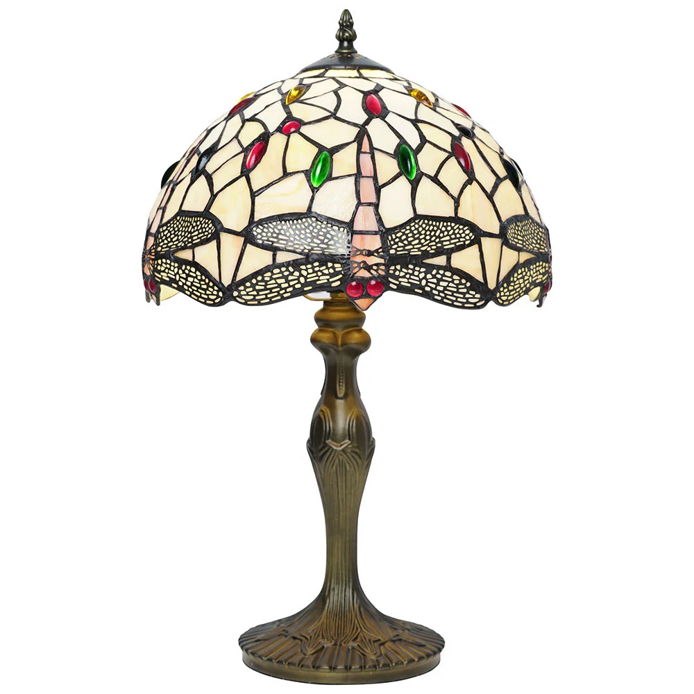 8" Dragonfly & Jewel Multicolour Tiffany Glass Vintage Dome Table Lamp 35cm
