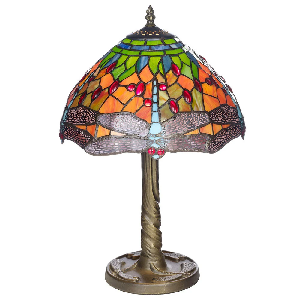 8" Dragonfly Multicolour Tiffany Glass Vintage Dome Table Lamp 35cm