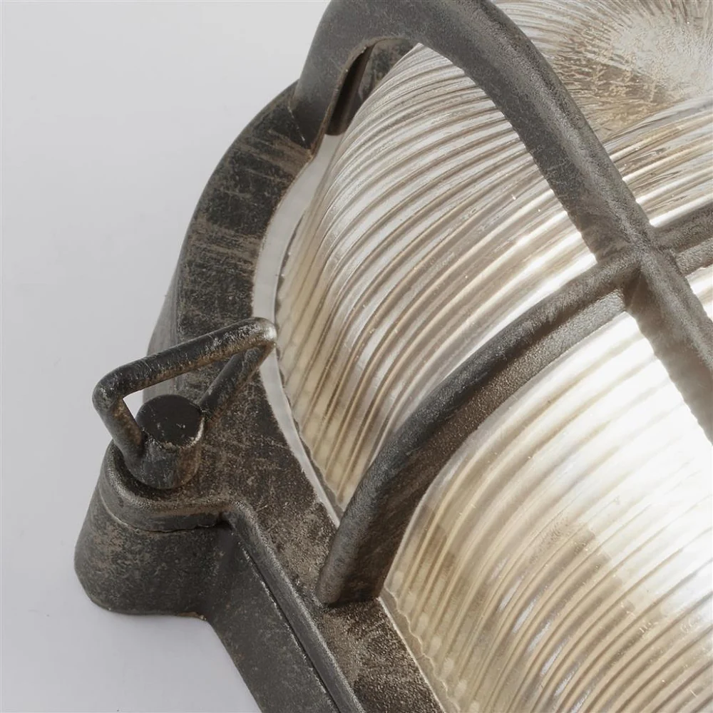 Antique Black Silver & Ribbed Glass Outdoor Vintage Oval Flush Bulkhead Wall Light 248mm - Image 4