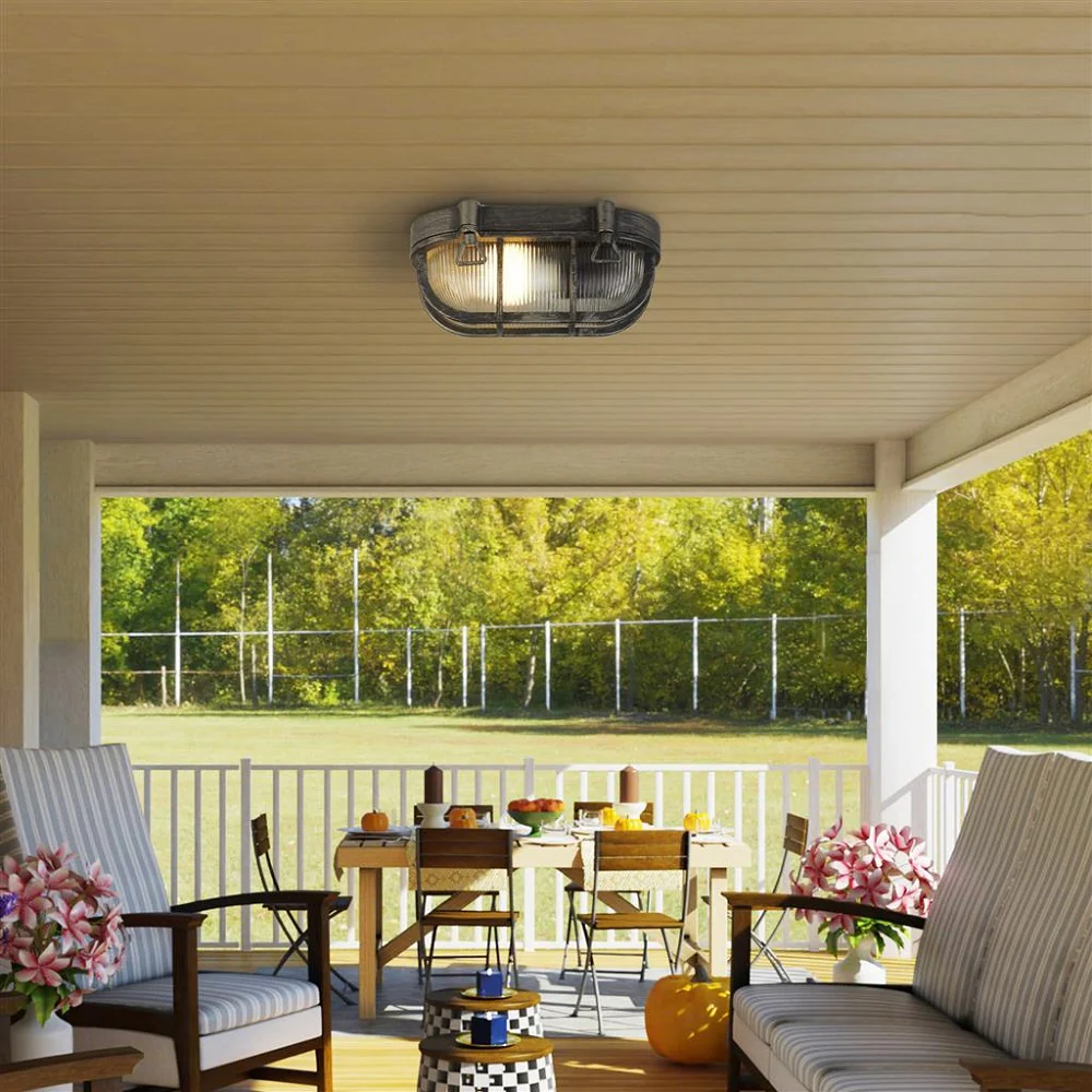 Antique Black Silver & Ribbed Glass Outdoor Vintage Oval Flush Bulkhead Wall Light 248mm - Image 5