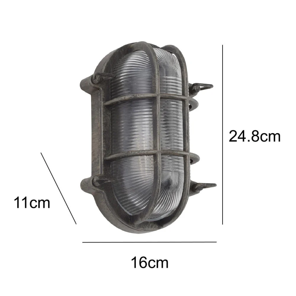 Antique Black Silver & Ribbed Glass Outdoor Vintage Oval Flush Bulkhead Wall Light 248mm - Image 6