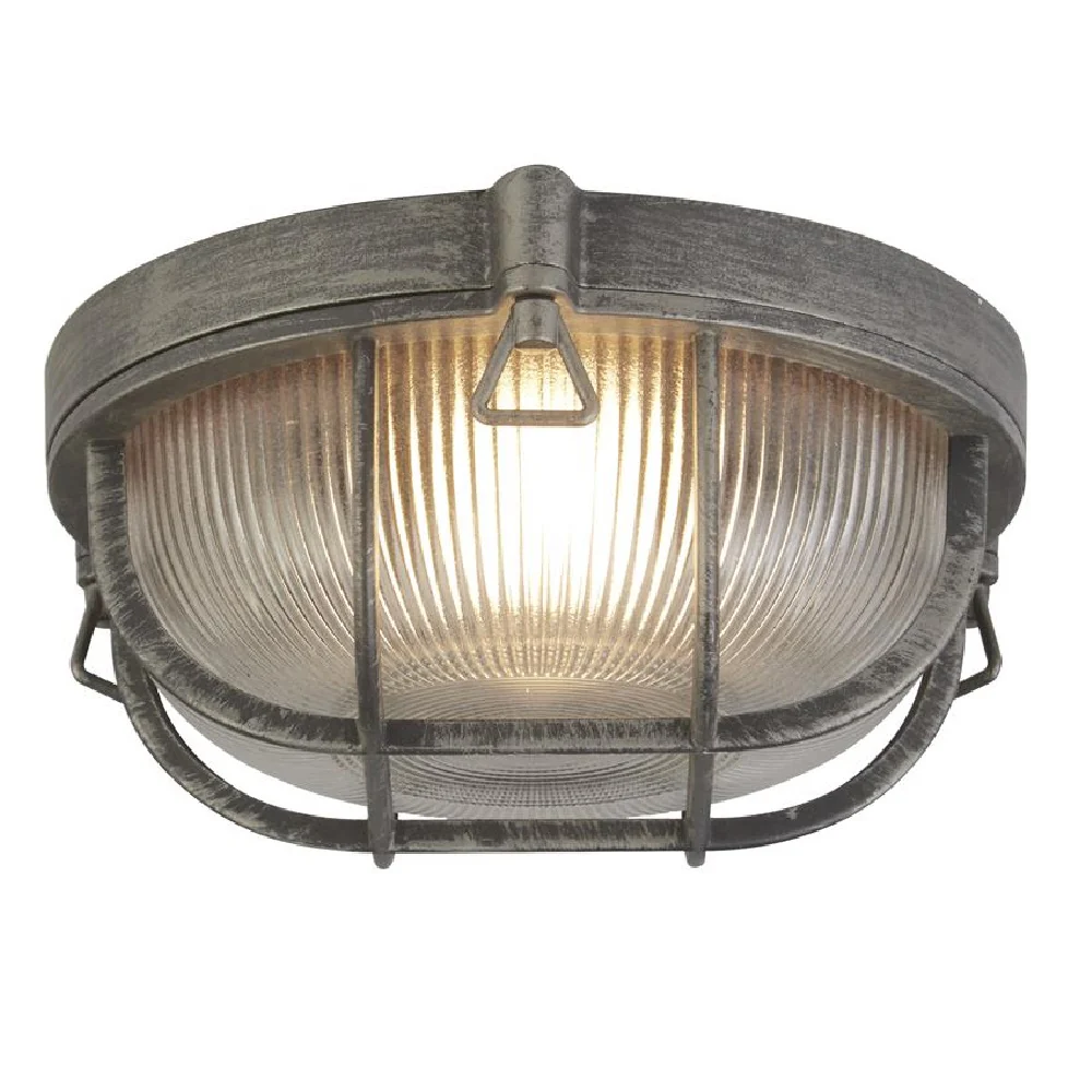Antique Black Silver & Ribbed Glass Outdoor Vintage Round Flush Bulkhead Wall Light 280mm - Image 3