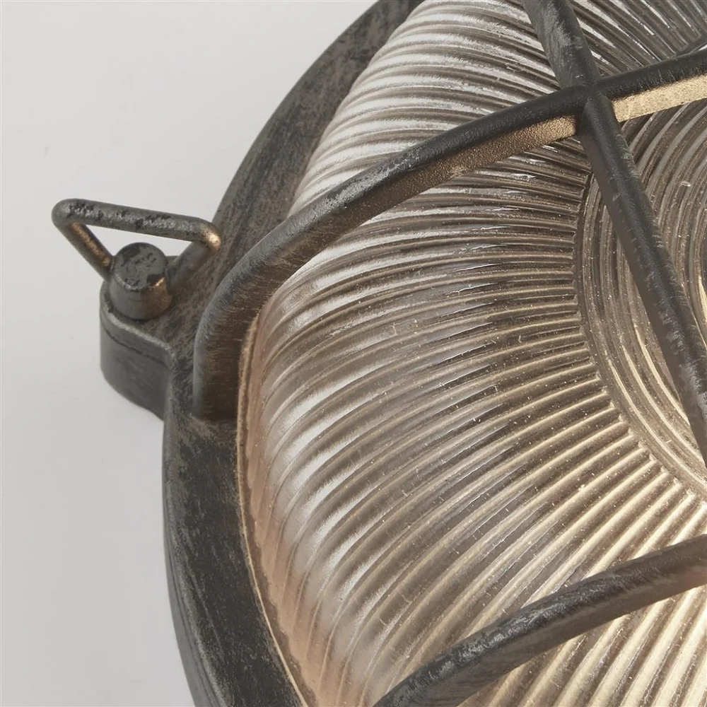 Antique Black Silver & Ribbed Glass Outdoor Vintage Round Flush Bulkhead Wall Light 280mm - Image 4