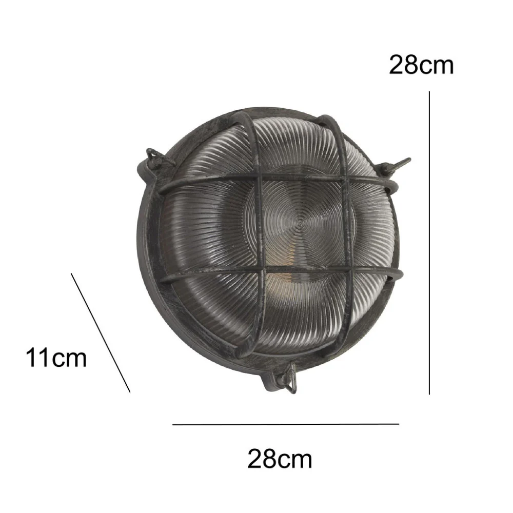 Antique Black Silver & Ribbed Glass Outdoor Vintage Round Flush Bulkhead Wall Light 280mm - Image 6