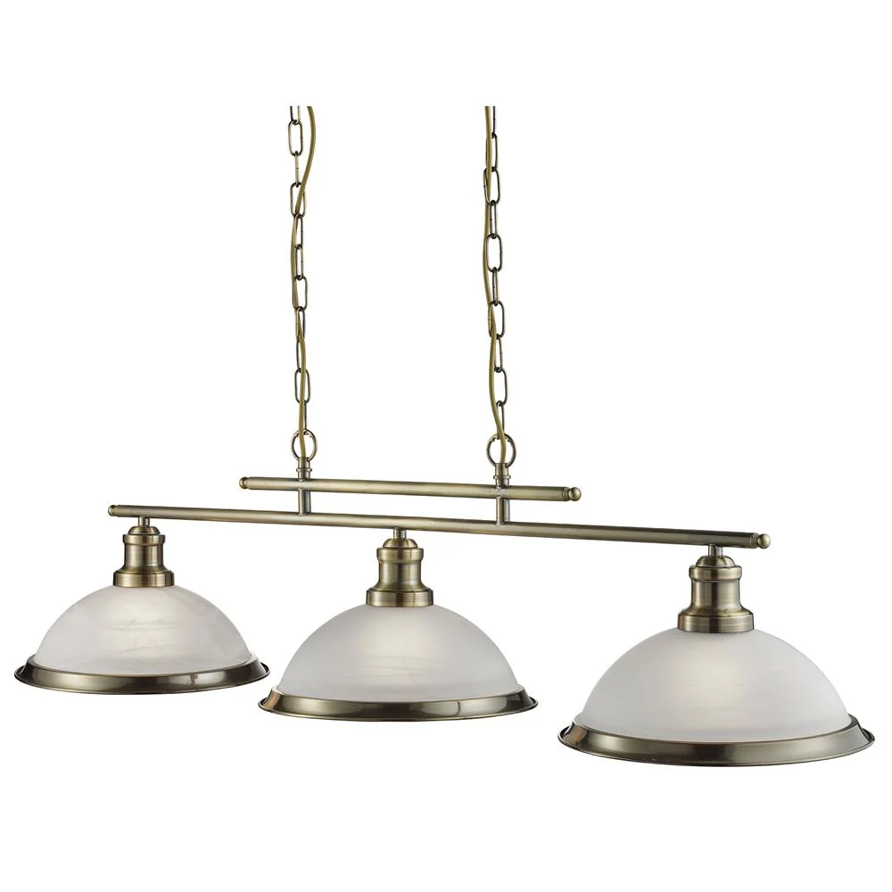 Antique Brass 3 Lamp Bar Pendant Light with Acid Glass Shades 1000mm