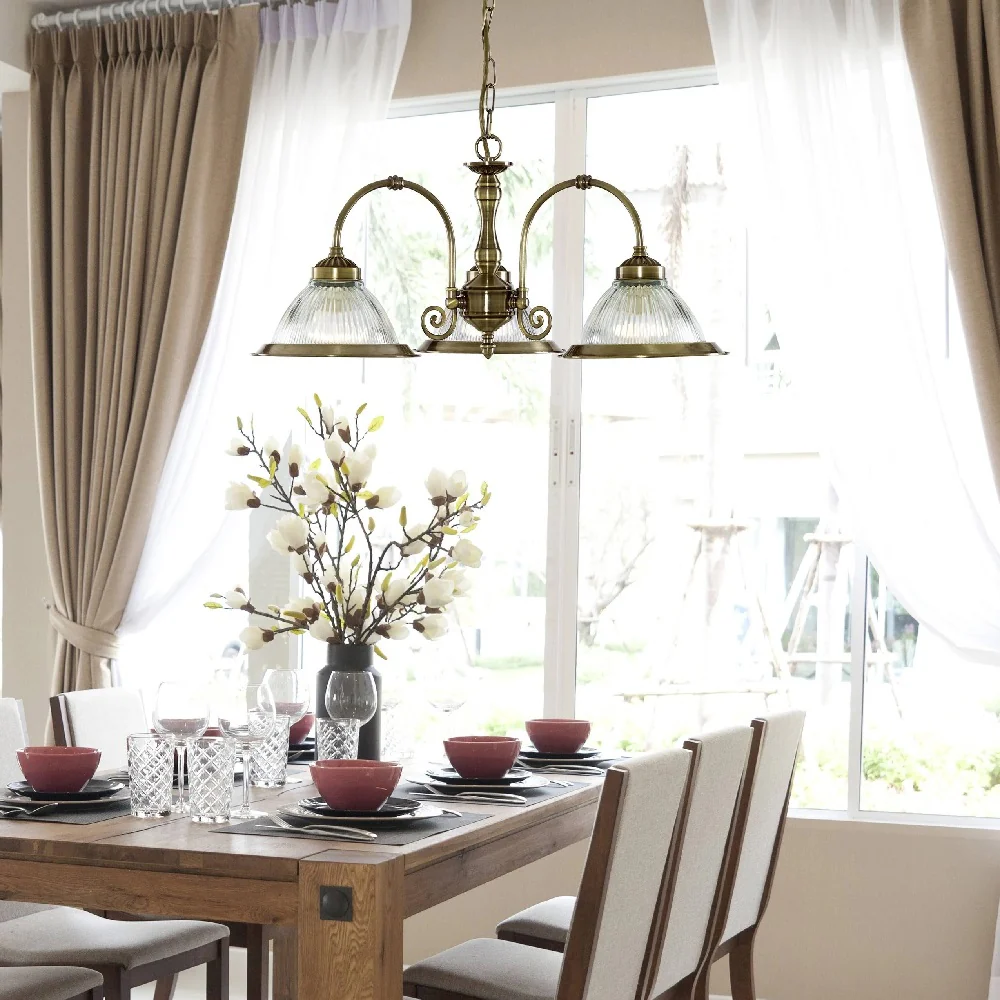 Antique Brass 3 Lamp Pendant Light with Clear Ribbed Glass 620mm - Image 3