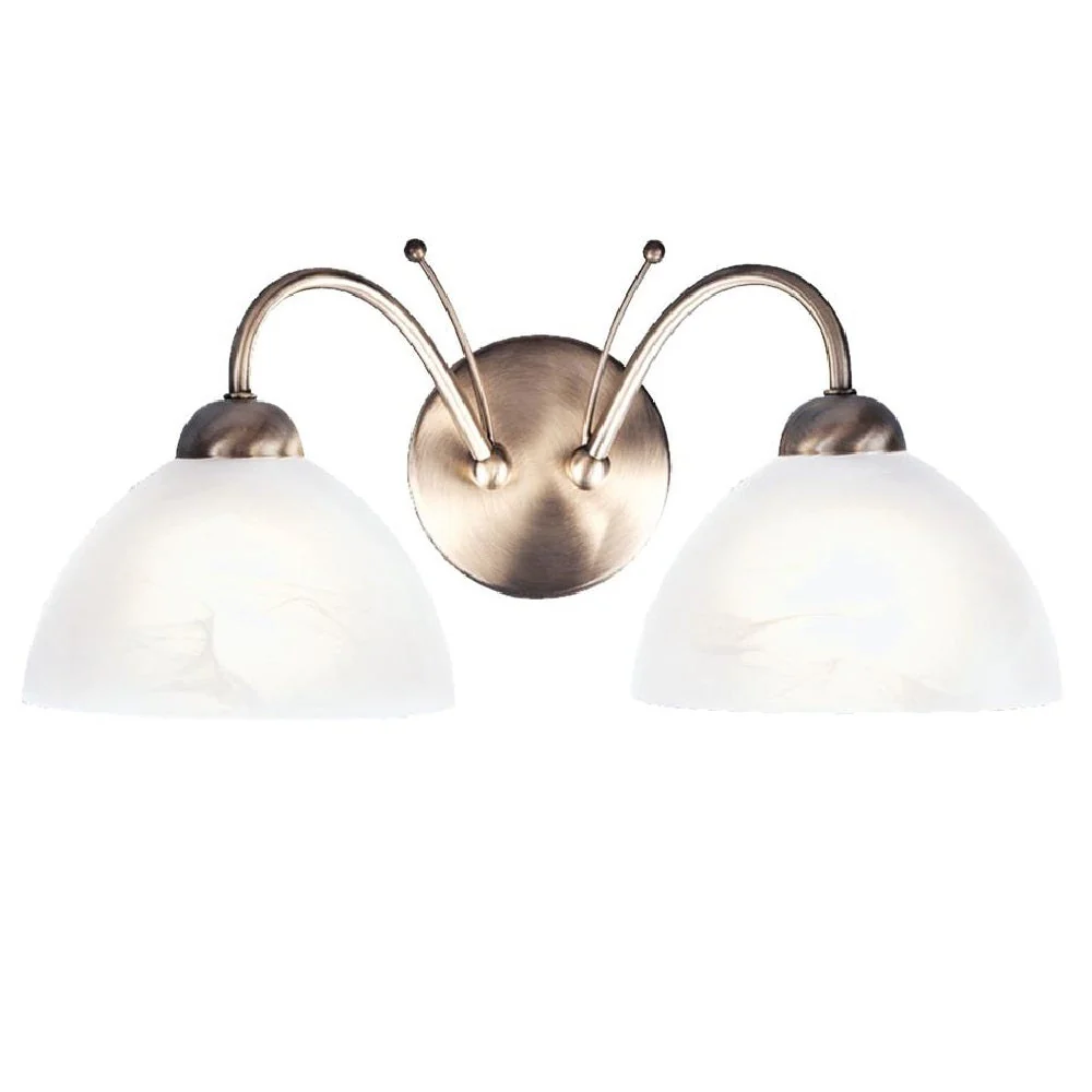 Antique Brass & Alabaster Glass Vintage Dome Swan Neck 2 Lamp Wall Light 40cm