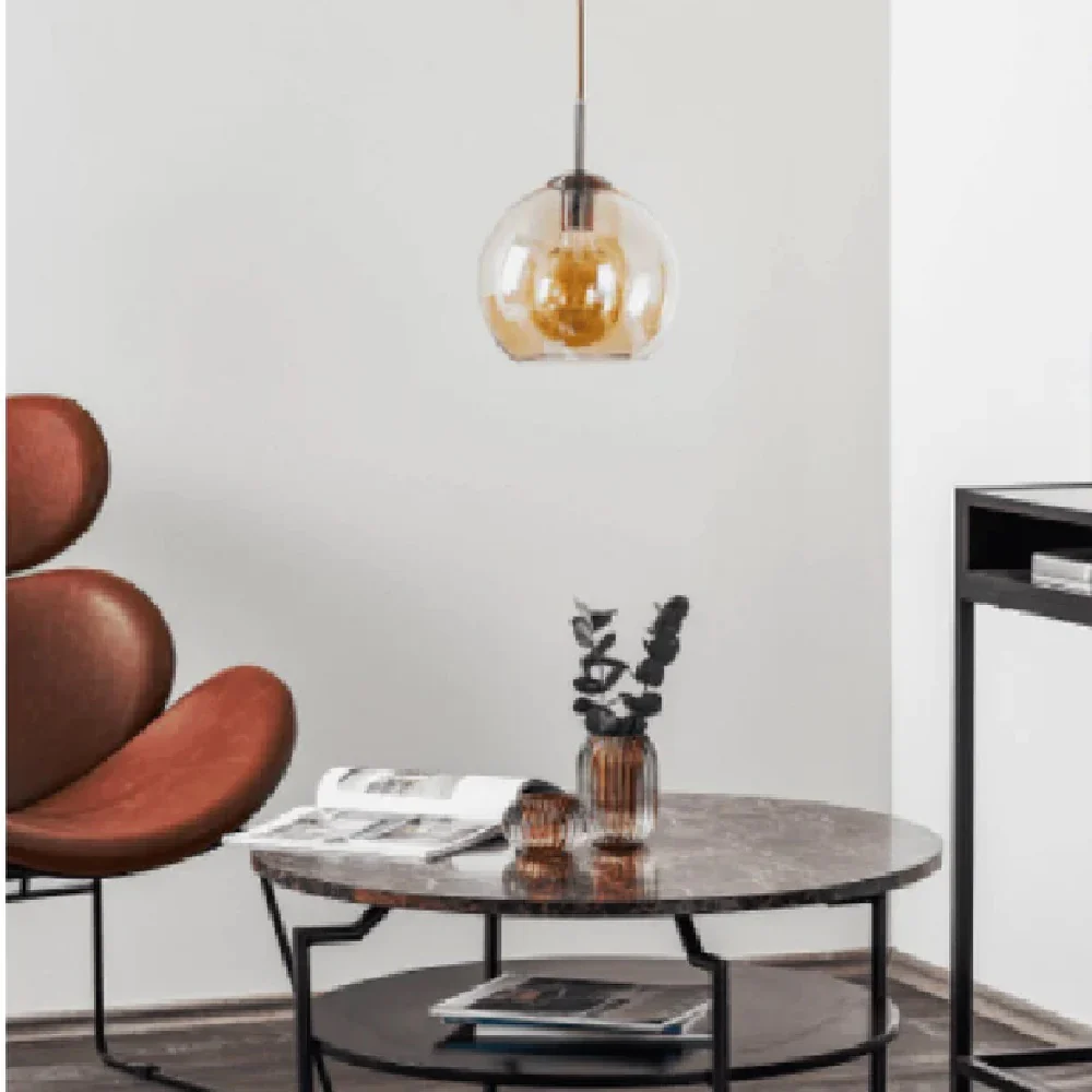 Antique Brass & Amber Glass Vintage Dome Pendant Light 30cm - Image 3