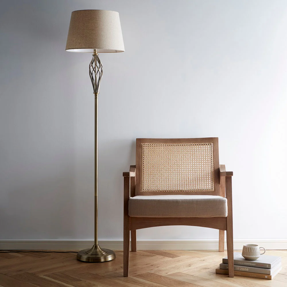 Antique Brass Barley Twist Vintage Floor Lamp with Oatmeal Linen Shade 160cm - Image 4