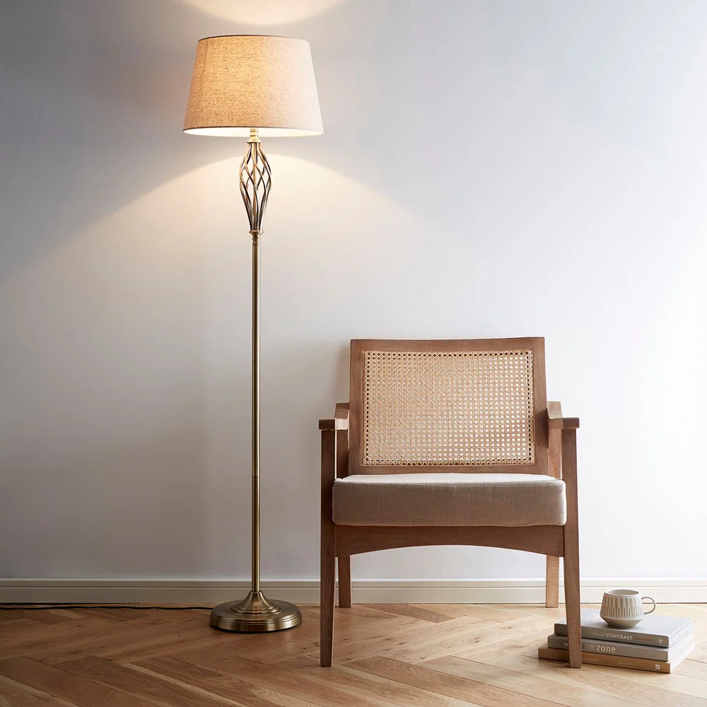 Antique Brass Barley Twist Vintage Floor Lamp with Oatmeal Linen Shade 160cm - Image 5