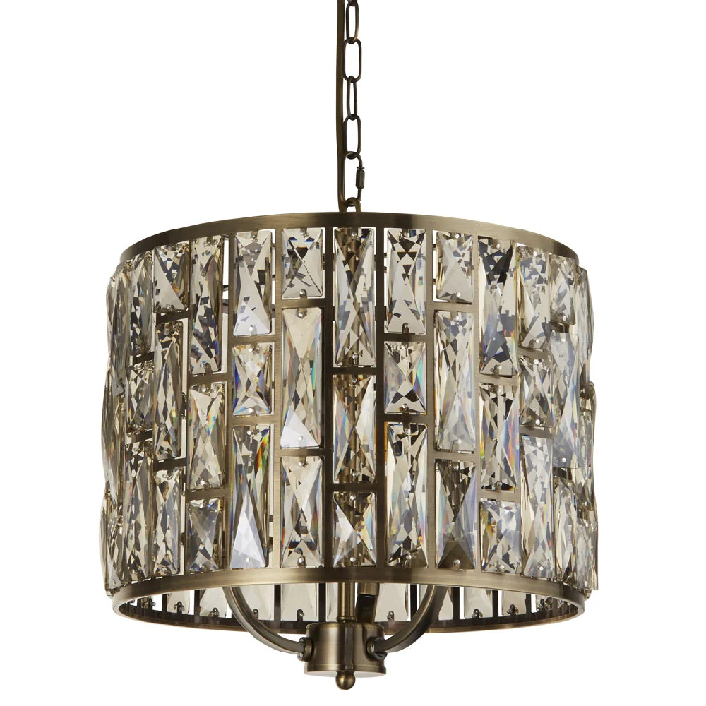 Antique Brass & Champagne Crystal Glass Vintage 3 Lamp Drum Pendant Light 38cm - Image 2