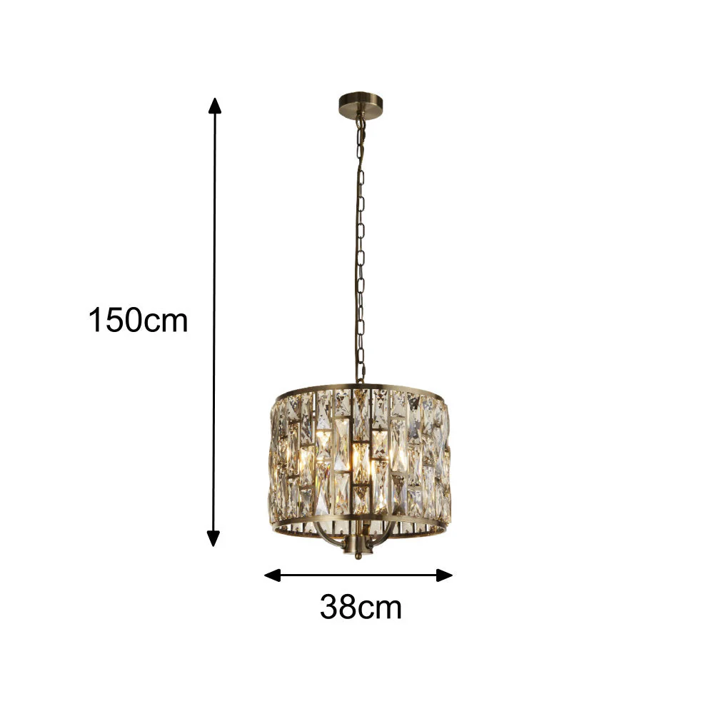 Antique Brass & Champagne Crystal Glass Vintage 3 Lamp Drum Pendant Light 38cm - Image 6