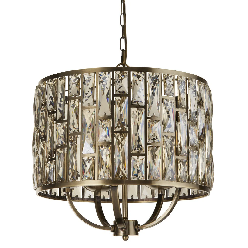 Antique Brass & Champagne Crystal Glass Vintage 5 Lamp Drum Pendant Light 44cm - Image 2