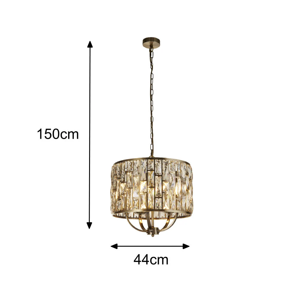 Antique Brass & Champagne Crystal Glass Vintage 5 Lamp Drum Pendant Light 44cm - Image 5