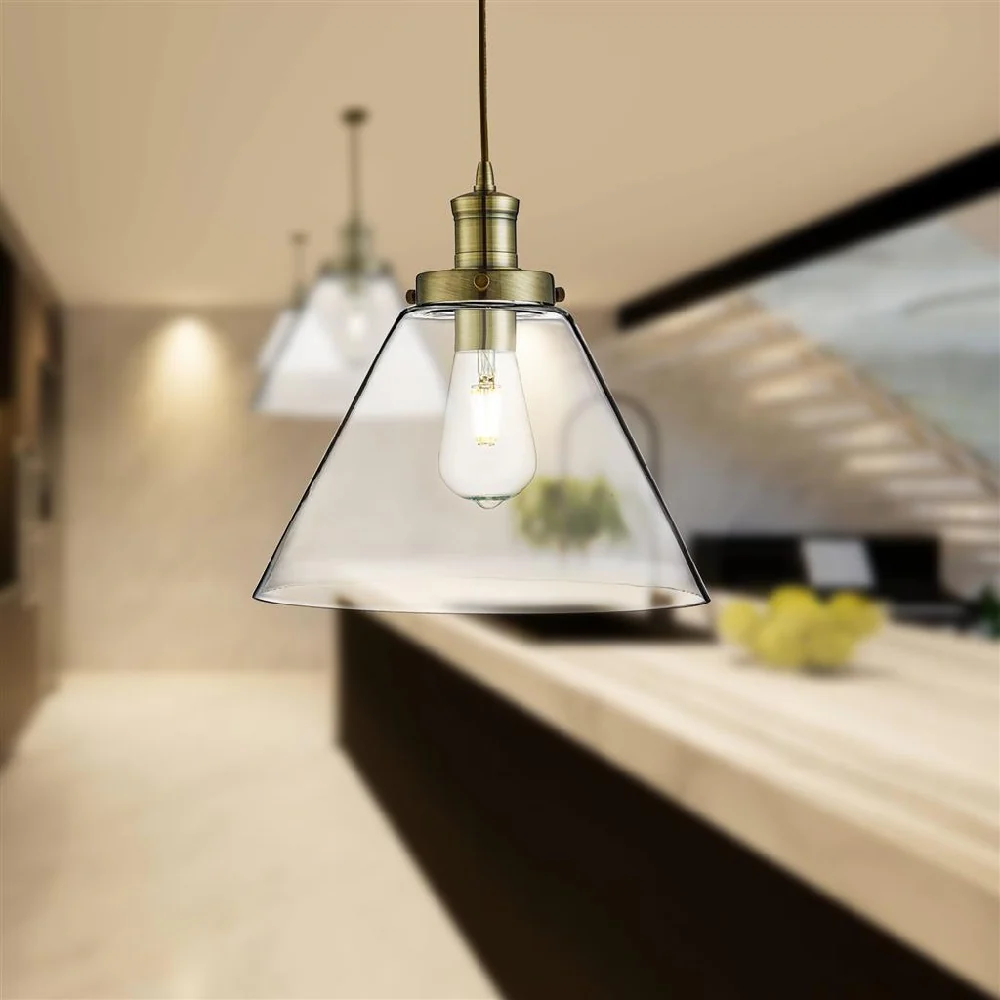 Antique Brass & Clear Pyramid Glass Vintage Pendant Light 29cm - Image 4