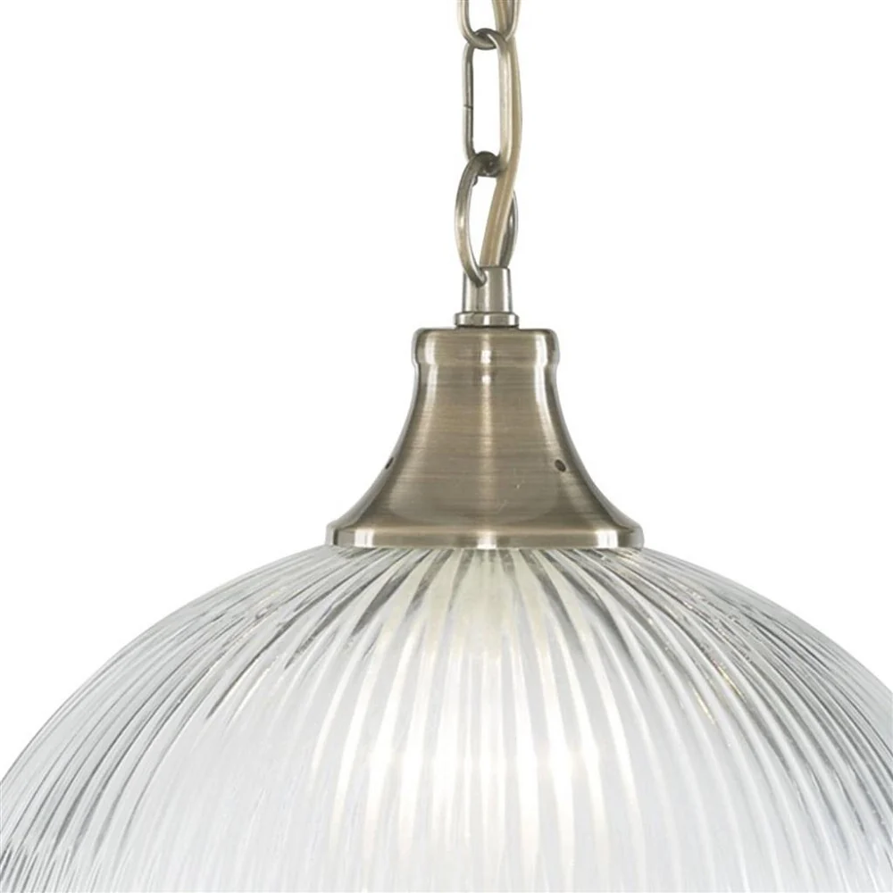 Antique Brass & Clear Ribbed Glass Vintage Dome Pendant Light 34cm - Image 2