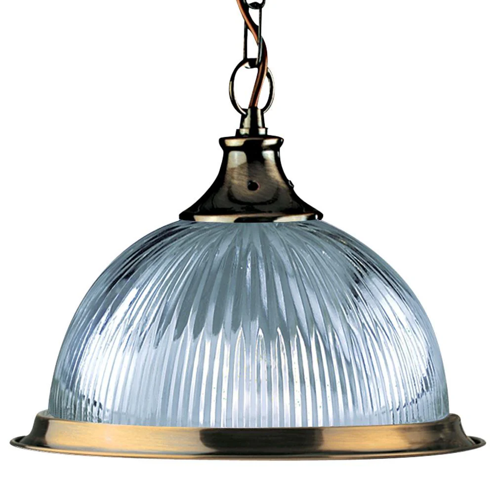 Antique Brass & Clear Ribbed Glass Vintage Dome Pendant Light 34cm - Image 3
