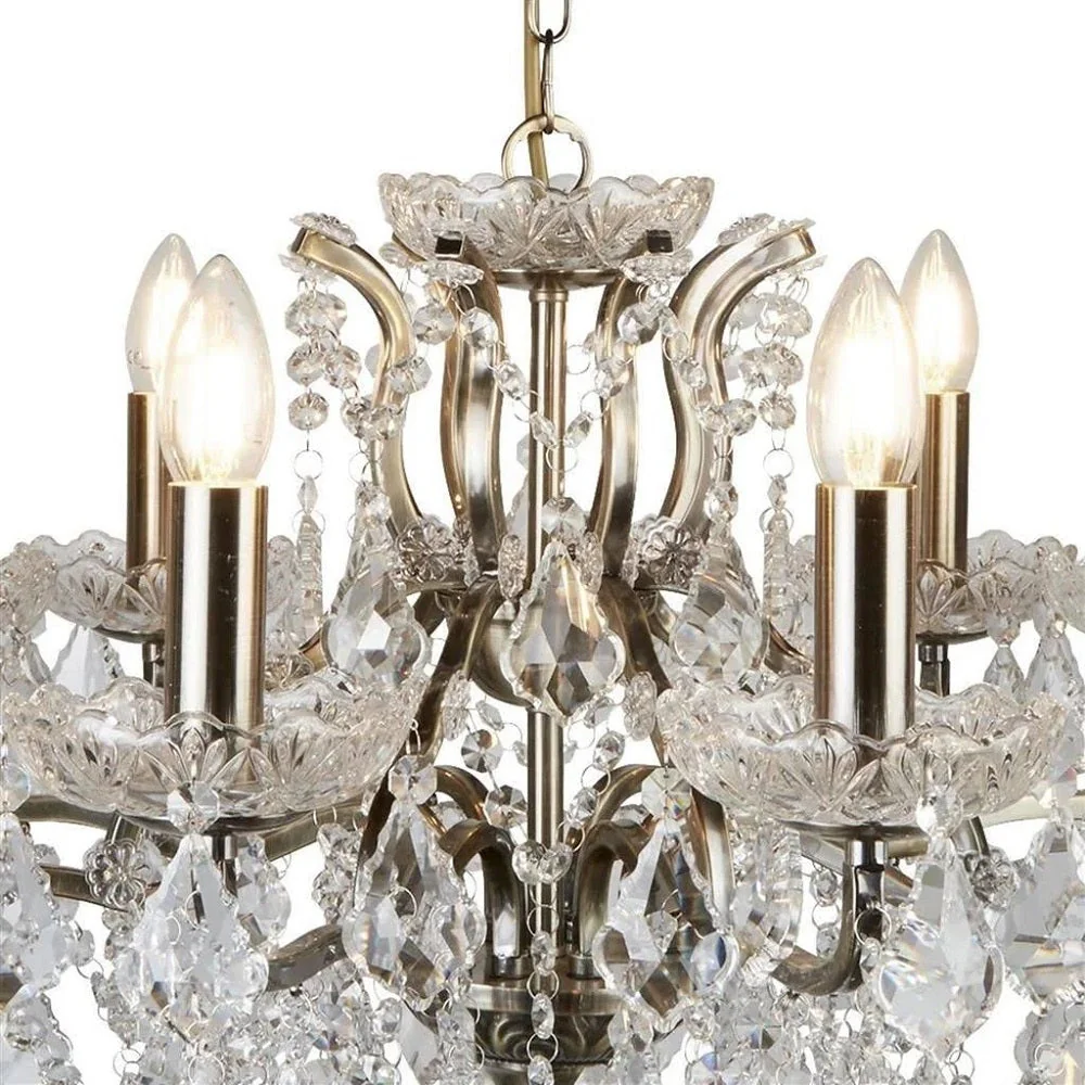 Antique Brass & Crystal Bead Traditional 6 Lamp Chandelier Light 70cm - Image 2