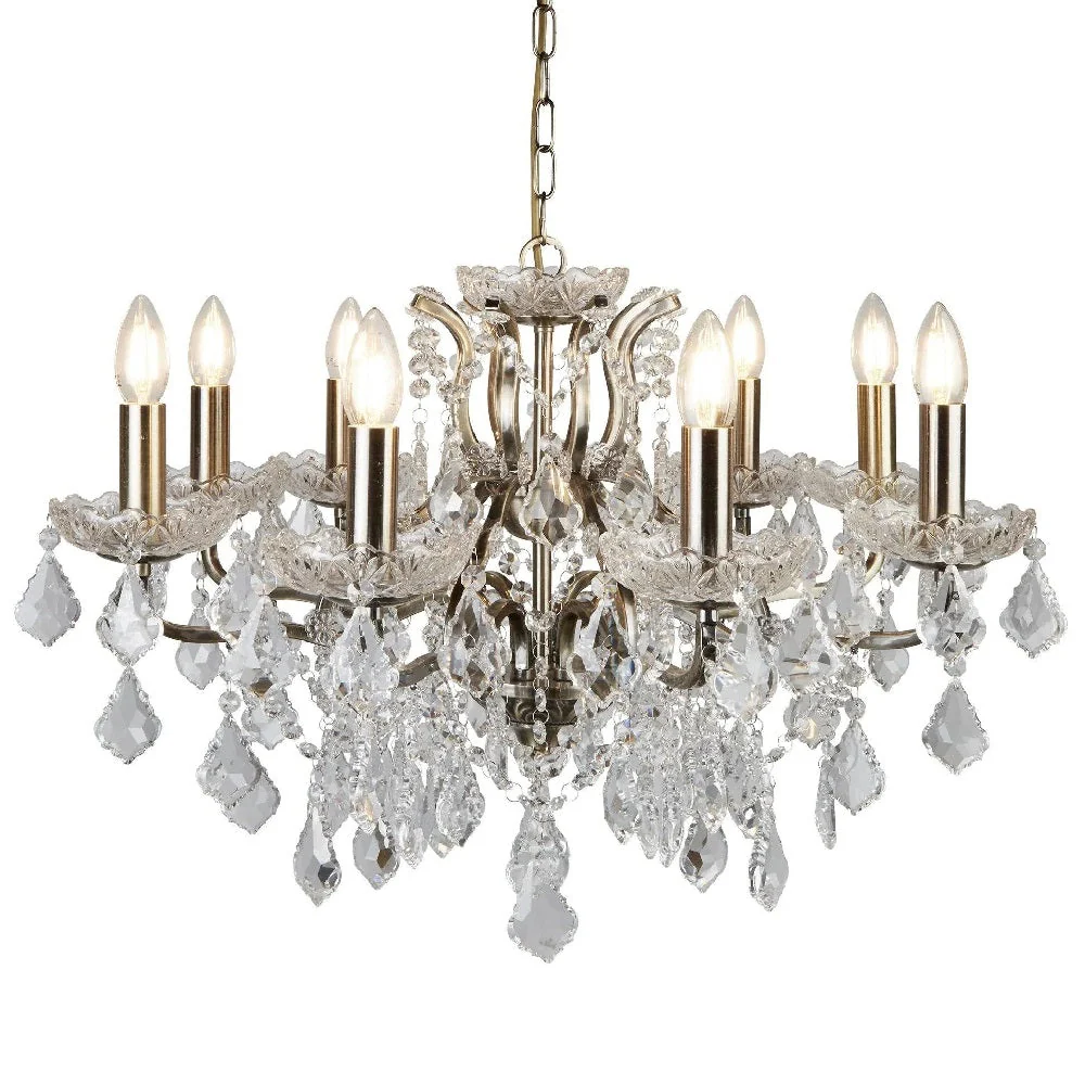 Antique Brass & Crystal Bead Traditional 8 Lamp Chandelier Light 70cm