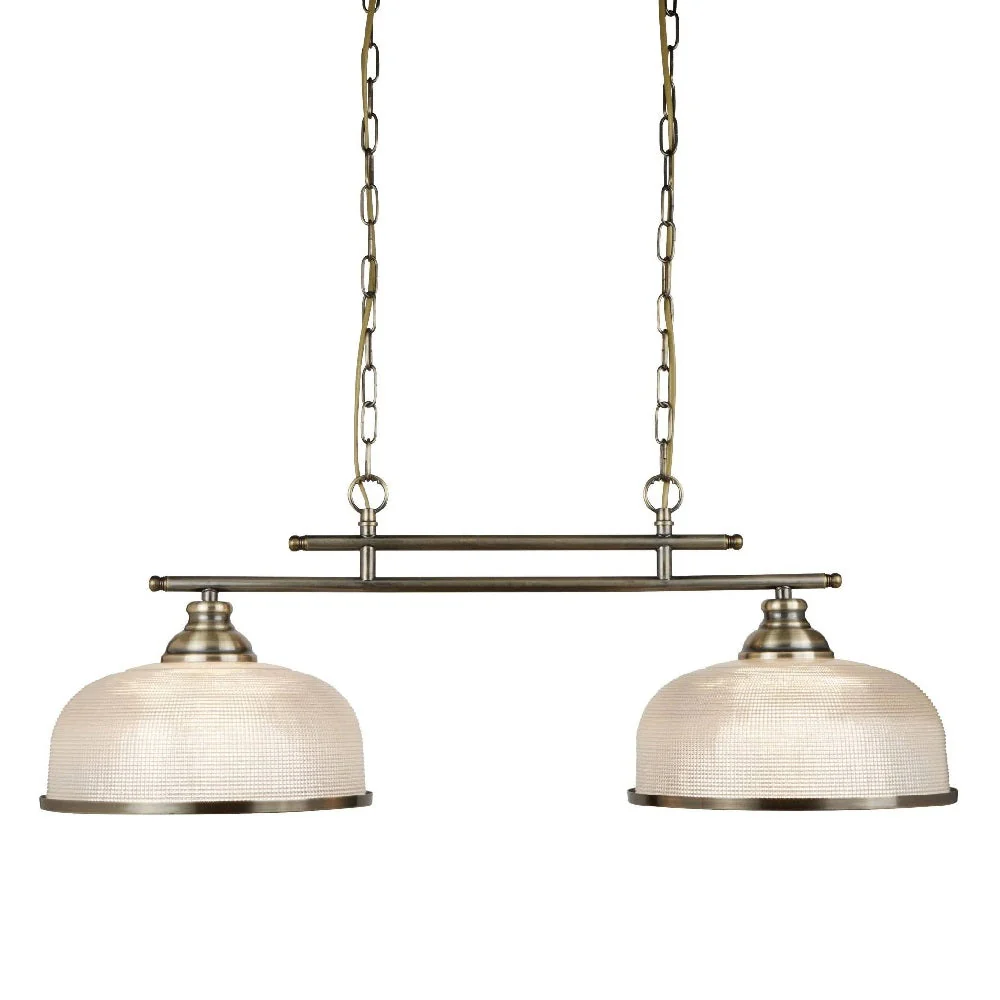 Antique Brass & Holophane Glass Vintage Dome 2 Lamp Bar Pendant 75cm