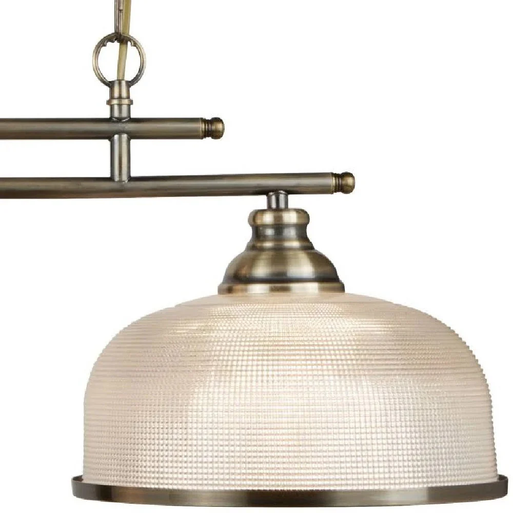 Antique Brass & Holophane Glass Vintage Dome 2 Lamp Bar Pendant 75cm - Image 2