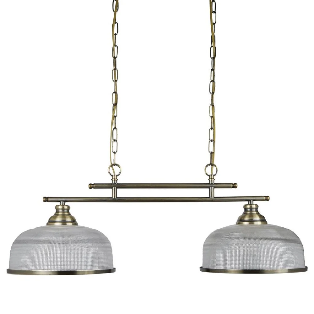 Antique Brass & Holophane Glass Vintage Dome 2 Lamp Bar Pendant 75cm - Image 3