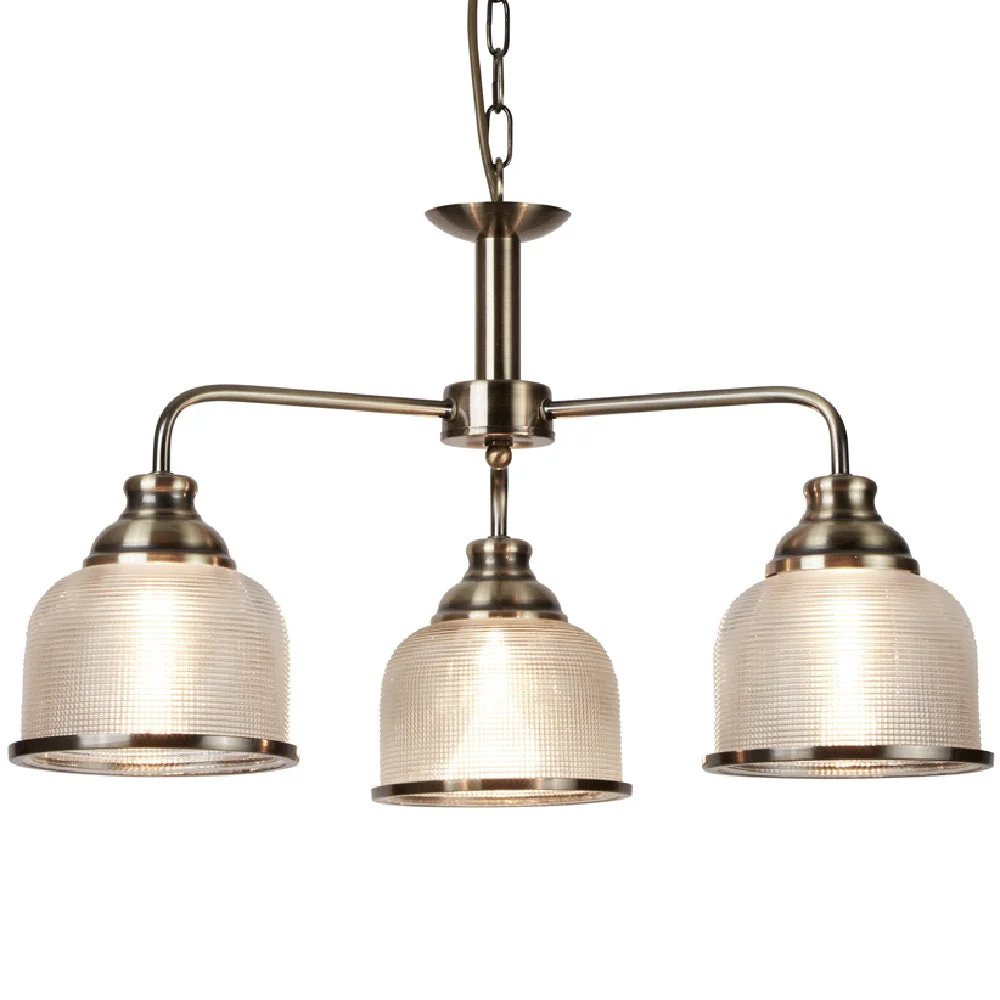 Antique Brass & Holophane Glass Vintage Dome 3 Lamp Pendant Light 56cm