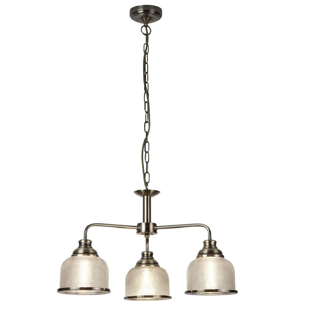 Antique Brass & Holophane Glass Vintage Dome 3 Lamp Pendant Light 56cm - Image 2