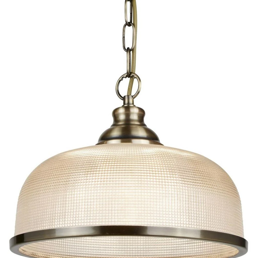 Antique Brass & Holophane Glass Vintage Dome Pendant Light 27cm