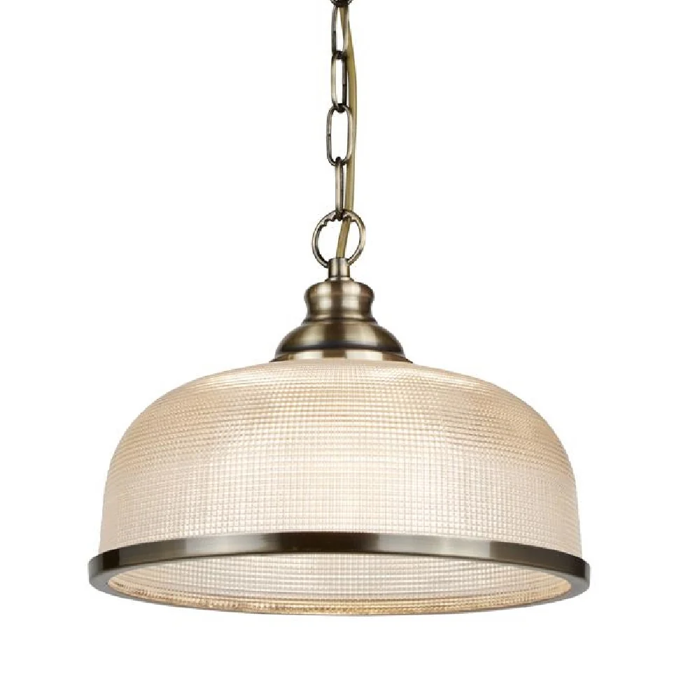 Antique Brass & Holophane Glass Vintage Dome Pendant Light 27cm - Image 2