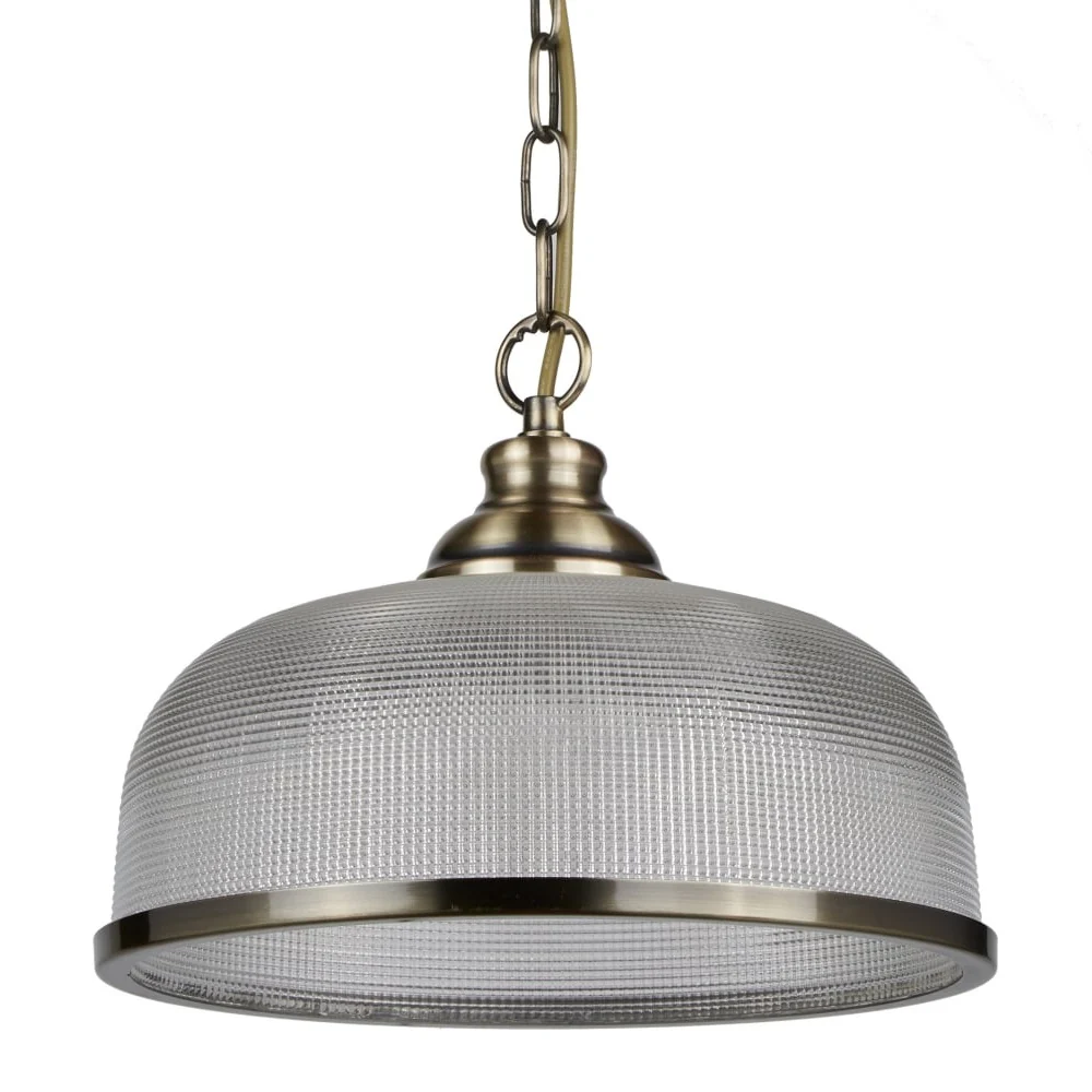 Antique Brass & Holophane Glass Vintage Dome Pendant Light 27cm - Image 3