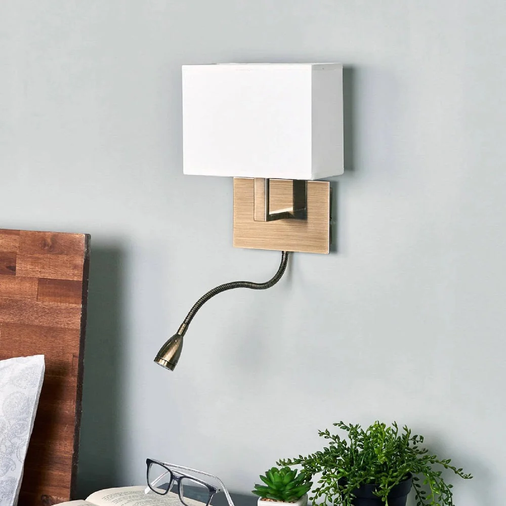 Antique Brass & LED Reading Flexi Arm Modern Wall Light with White Rectangle Shade 26cm - Image 5