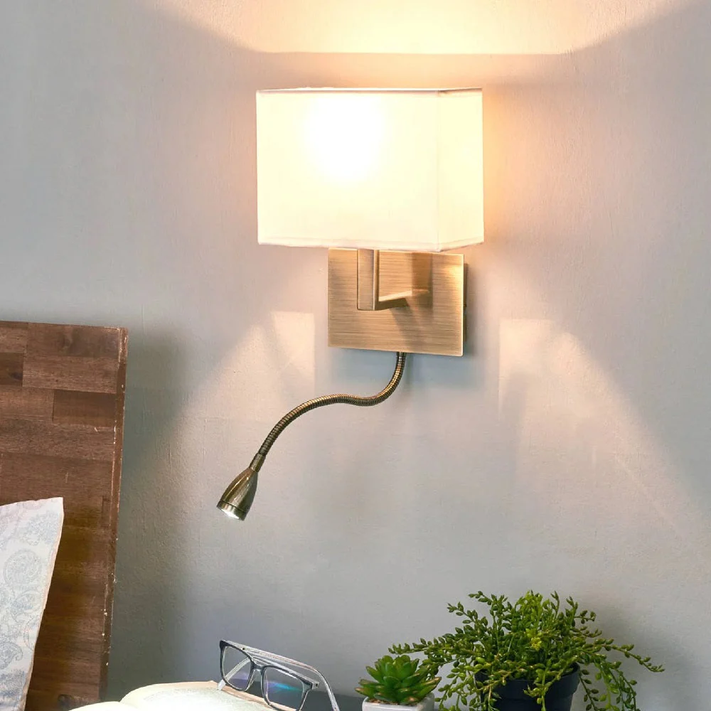 Antique Brass & LED Reading Flexi Arm Modern Wall Light with White Rectangle Shade 26cm - Image 6