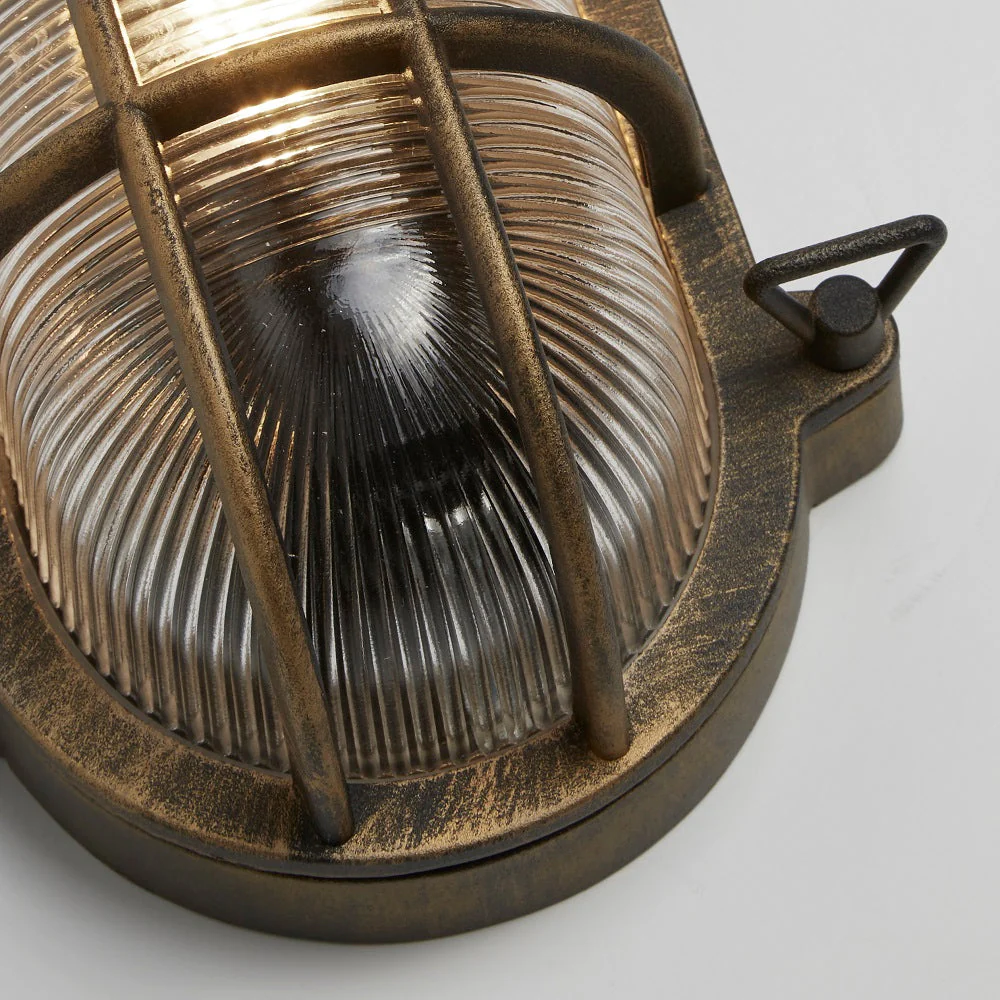 Antique Brass & Ribbed Glass Outdoor Vintage Oval Flush Bulkhead Wall Light 248mm - Image 2