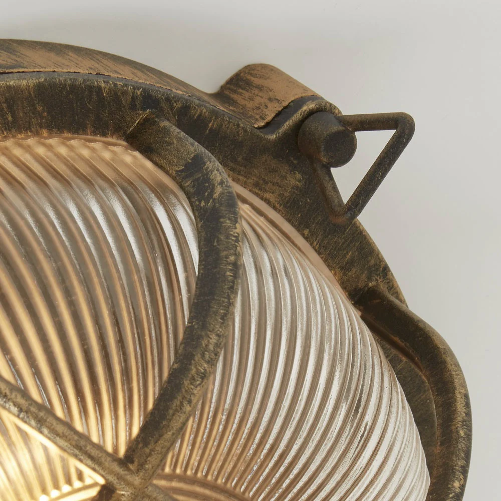 Antique Brass & Ribbed Glass Outdoor Vintage Round Flush Bulkhead Wall Light 280mm - Image 2