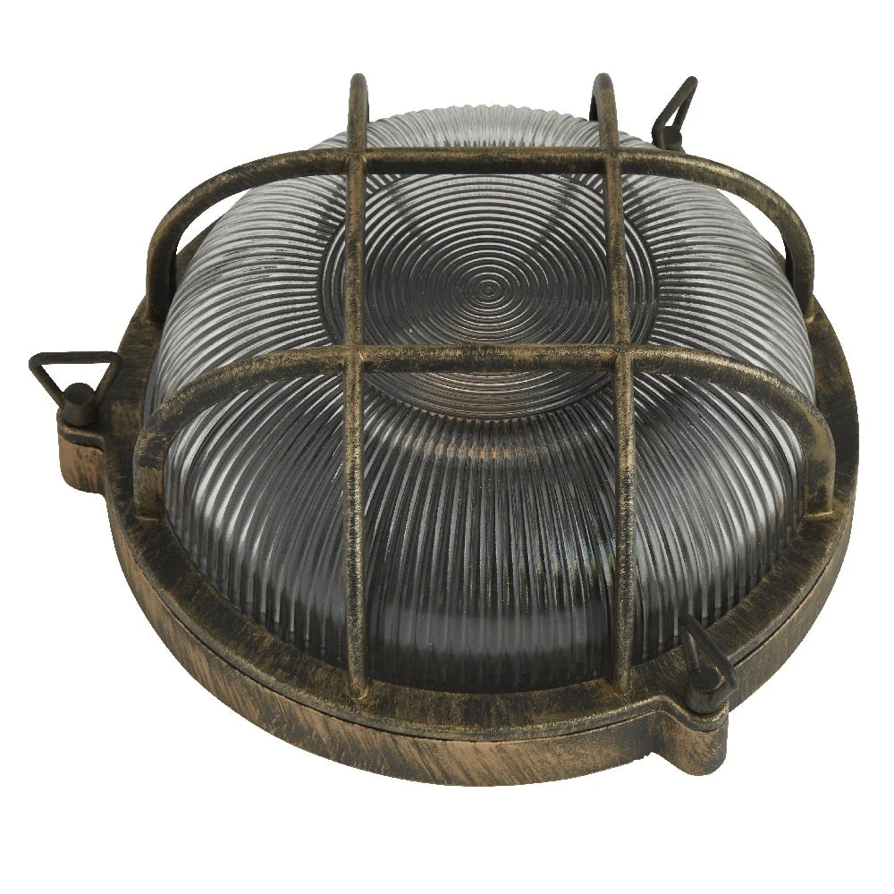 Antique Brass & Ribbed Glass Outdoor Vintage Round Flush Bulkhead Wall Light 280mm - Image 3