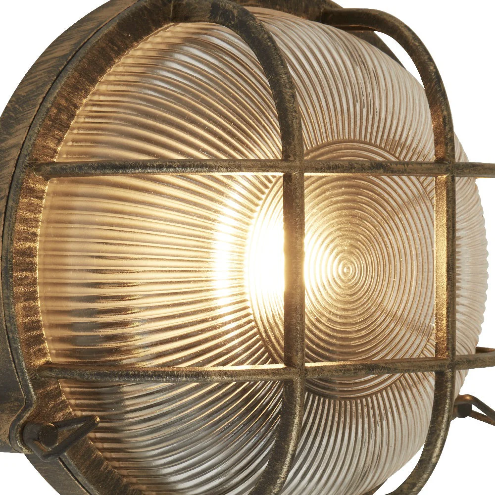 Antique Brass & Ribbed Glass Outdoor Vintage Round Flush Bulkhead Wall Light 280mm - Image 4