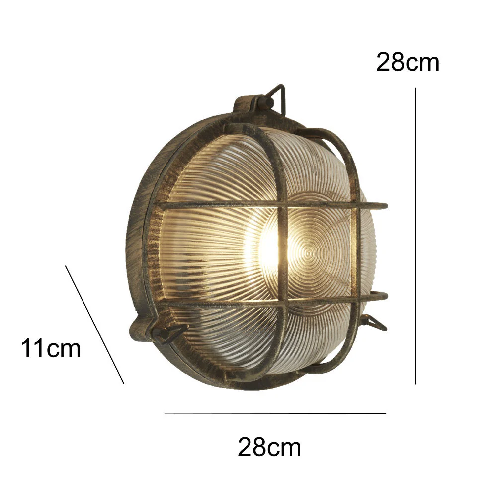 Antique Brass & Ribbed Glass Outdoor Vintage Round Flush Bulkhead Wall Light 280mm - Image 5