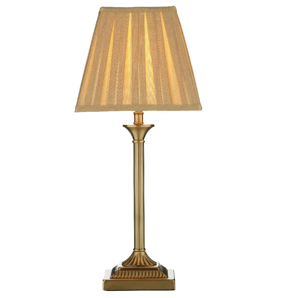 Antique Brass Traditional Candlestick Table Lamp with Gold Faux Silk Pleated Shade 49cm
