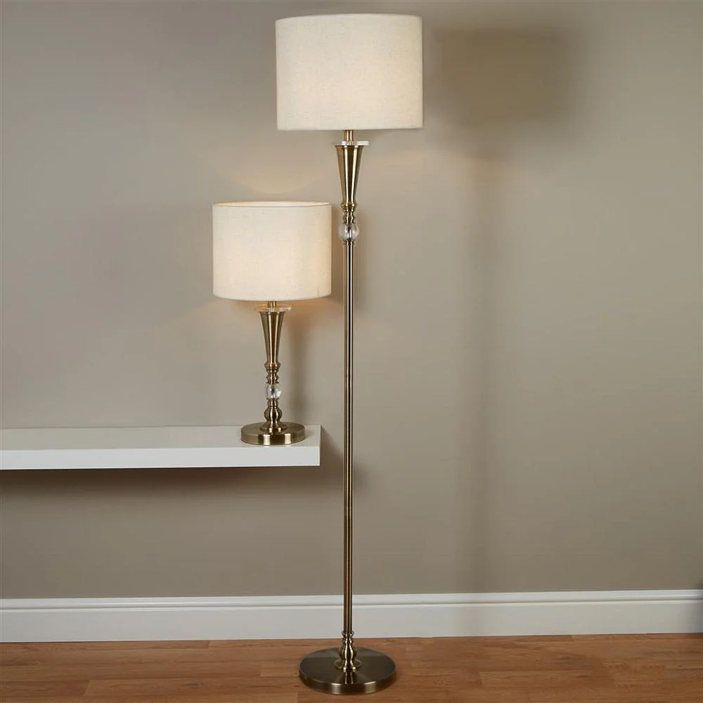 Antique Brass Vintage Floor Lamp with Oatmeal Linen Drum Shade 165cm - Image 3