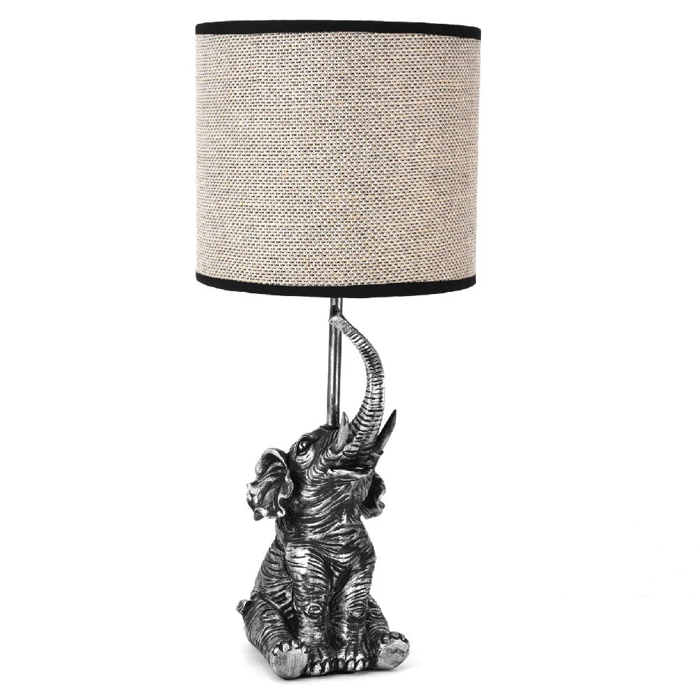 Antique Silver Sitting Elephant Sculpture Vintage Table Lamp with Drum Shade 47cm