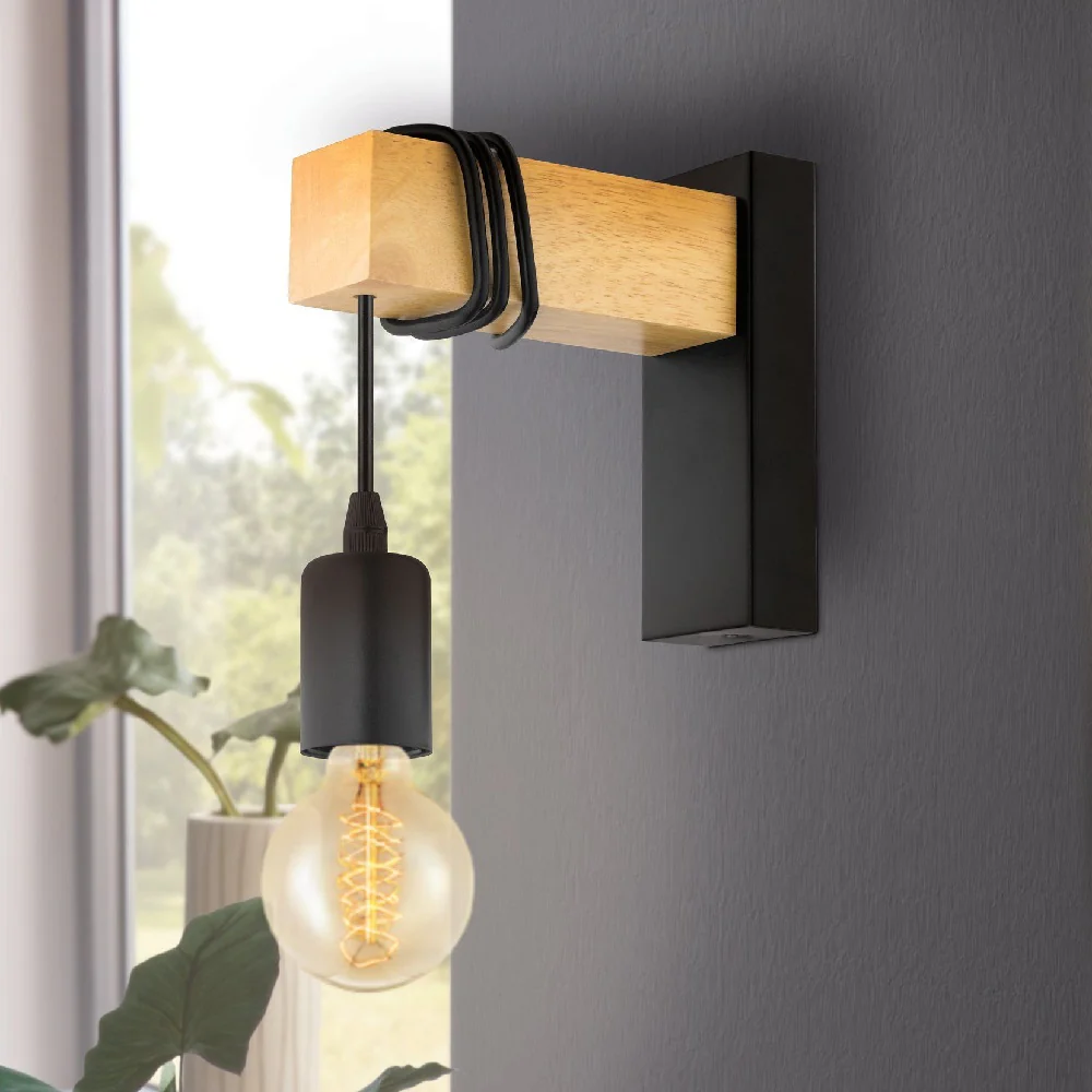 Black and Oak Wood Vintage Single Lamp Wall Light 215mm - Image 4
