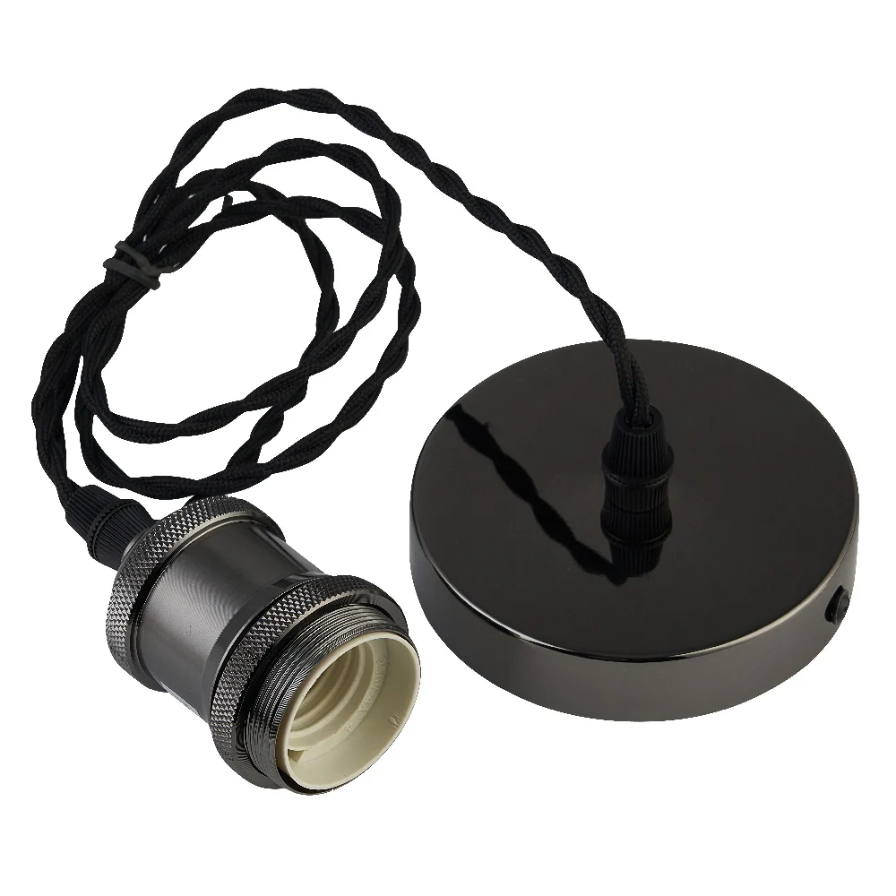 Black Chrome Vintage Fabric Twisted Cable Flex Suspension Ceiling Rose Pendant - Image 3