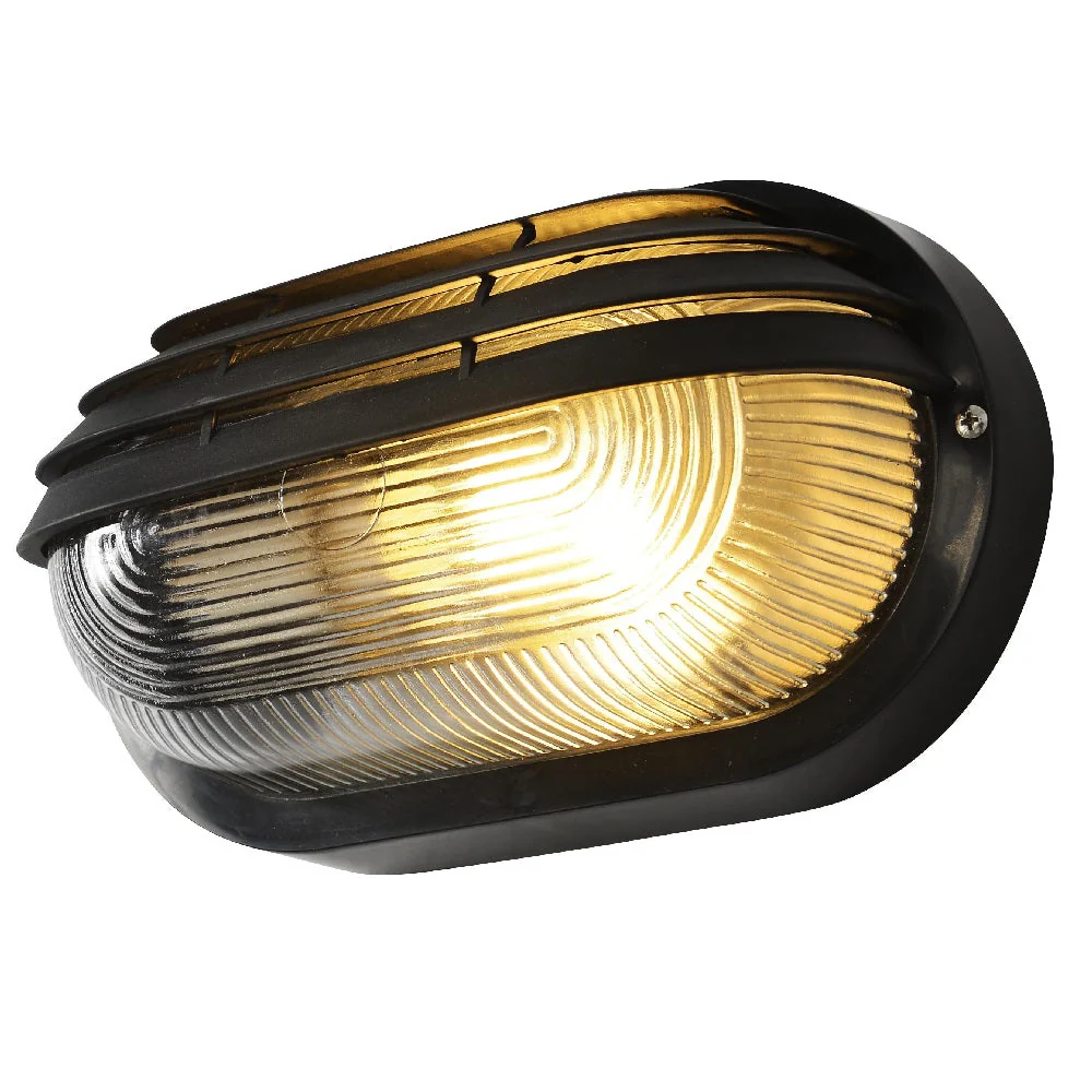 Black & Ribbed Glass Outdoor Modern Oval Eyelid Bulkhead Wall Light 26cm