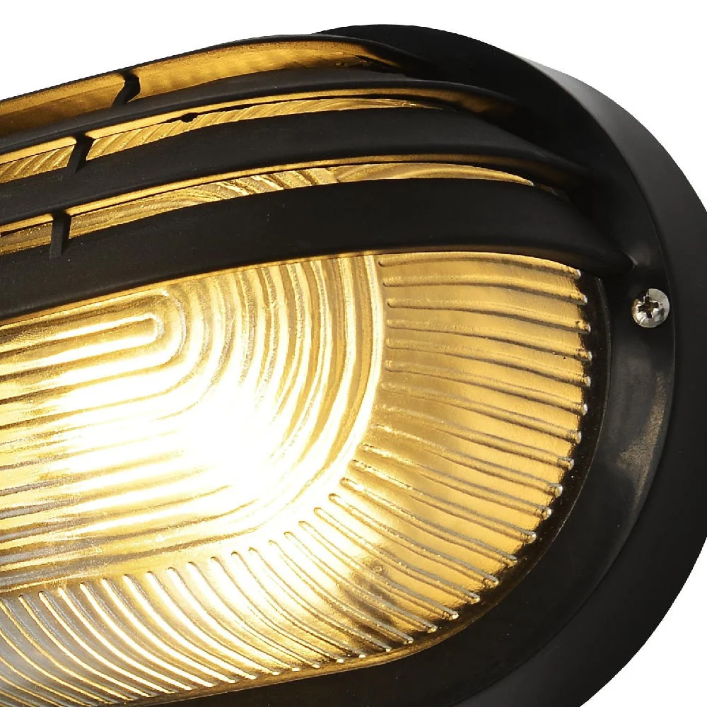 Black & Ribbed Glass Outdoor Modern Oval Eyelid Bulkhead Wall Light 26cm - Image 2