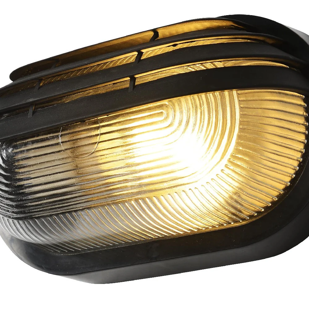 Black & Ribbed Glass Outdoor Modern Oval Eyelid Bulkhead Wall Light 26cm - Image 3