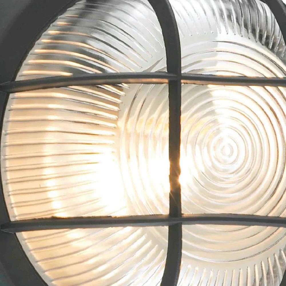 Black & Ribbed Glass Outdoor Modern Round Bulkhead Wall Light 18cm - Image 2