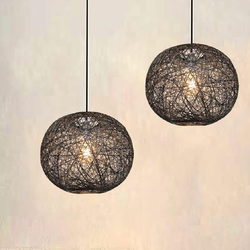 Black Woven String Ball Vintage Retro Easy Fit Round Globe Pendant Shade 25cm - Image 3